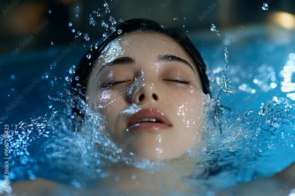 Poster person splashing water on their face in a bathroom mirror, capturing the refreshing effect of a morn