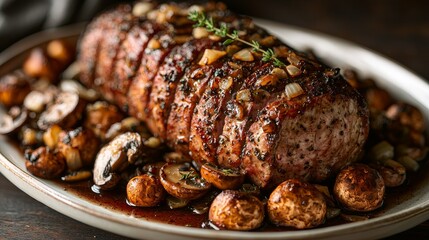 Savor the rich flavors of herb-crusted meatloaf accompanied by savory roasted mushrooms and onions