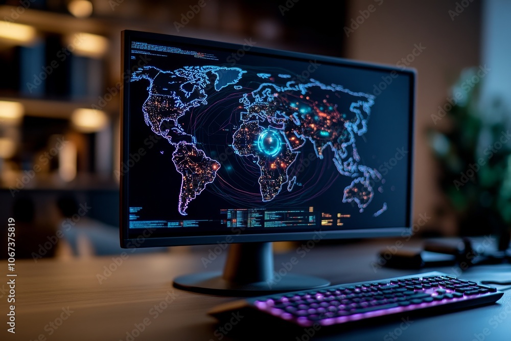 Poster Screen displaying a digital map with active threat tracking, illustrating cyber intelligence operations in action