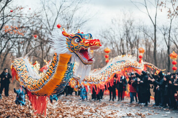 Obraz premium Chinese New Year dragon parade with people on street, vibrant colors and festive atmosphere..