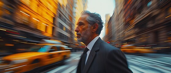 Man in Motion on Busy City Street