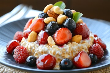 Serving of oats with berries and nuts on top, showing a balanced and nutrient-dense brain-boosting breakfast