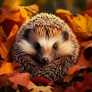 Ein im Herbstlaub auf dem R&uuml;cken liegender, zusammengerollter Igel.