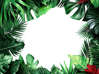 Fototapeta premium Lush green tropical leaves frame, white isolated background, Transparent Background.