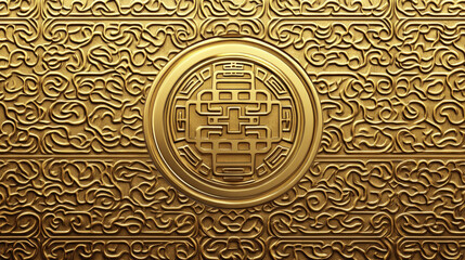 Gold embossed decorative panel with Chinese symbols, symbolizing Chinese New Year, prosperity, and cultural richness..