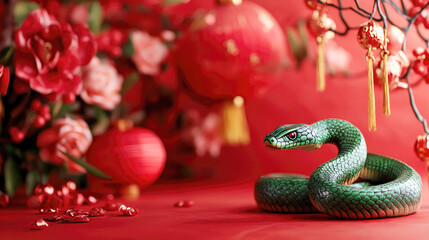 Obraz premium Green snake with festive Chinese New Year decor, surrounded by lanterns and floral elements, symbolizing prosperity..