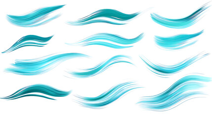 ollection of turquoise brush strokes in various shapes and textures, each stroke displayed on a white background, showcasing smooth and rough textures with artistic dynamism captured in a vibrant turq