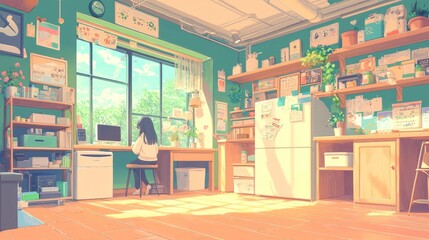 A cozy, sunlit room with a person working at a desk by a window.