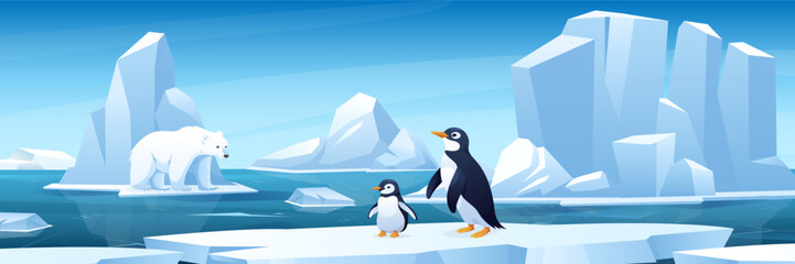 Arctic ice landscape with bear and penguins. Vector illustration of snowy polar nature with wildlife, ocean, icebergs, glaciers, frozen mountains, floating ice. Horizontal view. Global warming concept