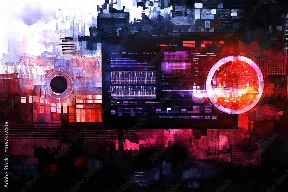 Poster Watercolor painting of a computer screen displaying live data, capturing a softer interpretation of cyber intelligence