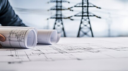 The image shows blueprints laid out on a table, with electric pylons in the background, suggesting a focus on engineering or construction projects.