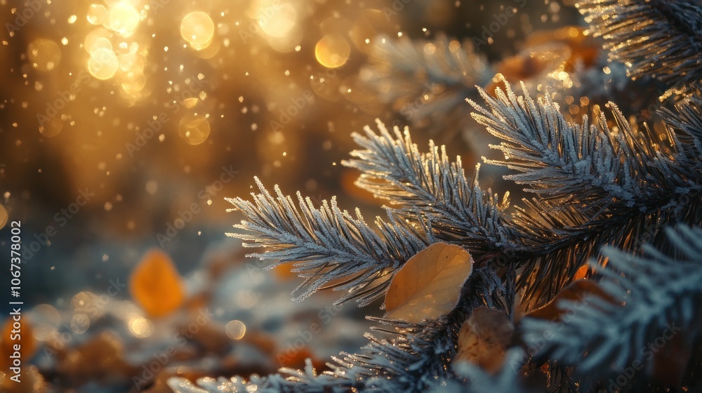 Poster frosted pine branches glimmering in soft light with scattered leaves and falling snowflakes.