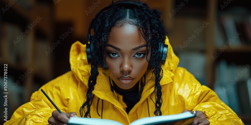 Aufkleber a learner writing notes in a journal while listening to an online tutorial or podcast, wearing headp
