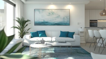 Modern living room with white sofa, blue pillows, and abstract artwork