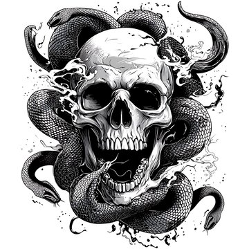 A detailed illustration of a skull with a snake wrapped around it, with a black and white color scheme.