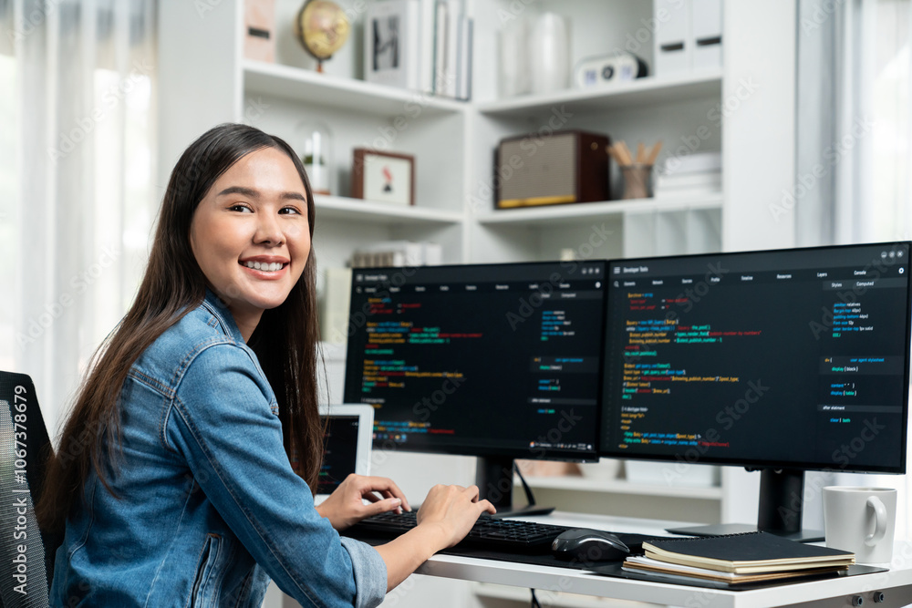 Poster young asian in it developer looking at camera to present with online information on pc with coding p