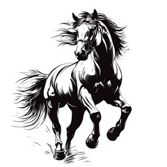 A black and white illustration of a horse running with its mane and tail flowing in the wind.