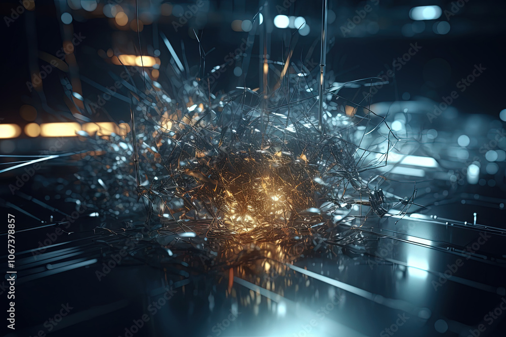 Poster abstract burst of wires and particles on technology background. scientific abstraction with mess of 