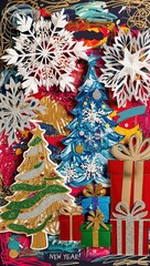 Naklejka premium Unique New Year Artwork with Paper Snowflakes and Gifts