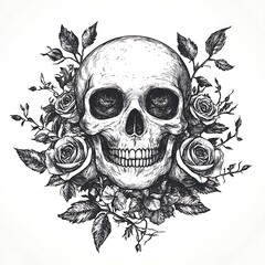 Fototapeta premium A human skull surrounded by roses, leaves and vines in a hand-drawn sketch style.