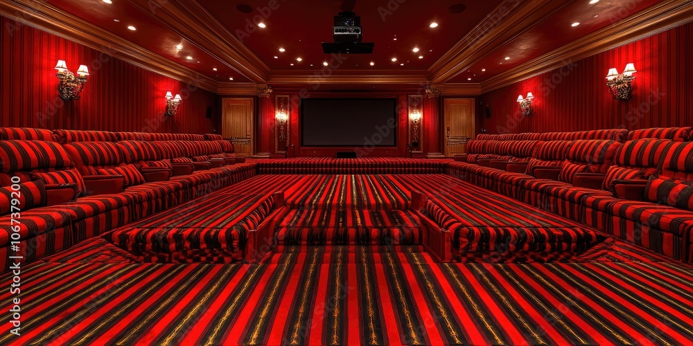 Poster A state-of-the-art home theater setup with a smart TV, sound system, and projector, all operated via an app or voice commands, providing a seamless cinematic experience.
