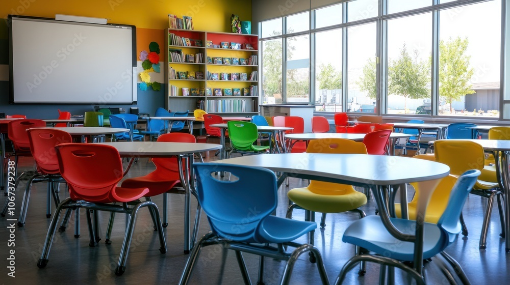 Poster a colorful classroom with tables and chairs, designed for learning and collaboration.