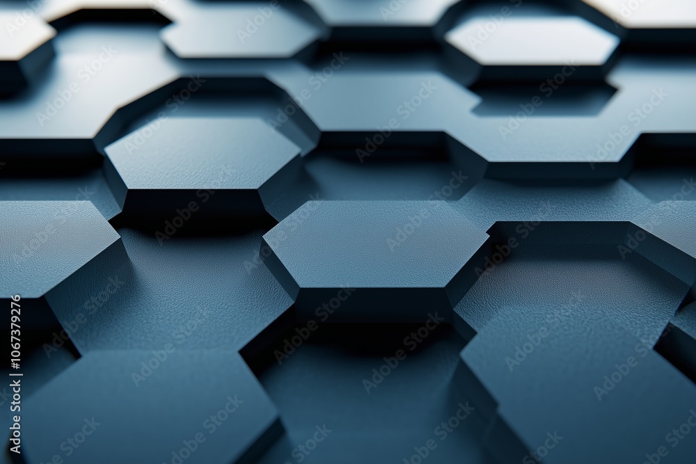 Poster close-up view of textured hexagonal surface with shadow details created from dark materials in a mod