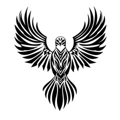 Fototapeta premium A black and white tribal style illustration of an eagle with its wings spread.
