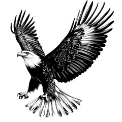 Obraz premium Black and white illustration of a bald eagle in flight with wings spread.