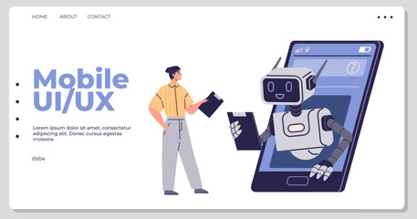 A person is holding a clipboard, interacting with a robot emerging from a large smartphone. Ideal for technology, AI collaboration, mobile development, UI UX design, and futuristic innovations