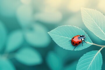 Obraz premium Macro of a ladybug on a leaf with a soft focus background of other leaves and branches, Ladybug on leaf with foliage background macro, Bright and natural