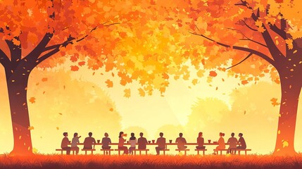 Gathering of friends under vibrant autumn trees, enjoying a peaceful outdoor moment.