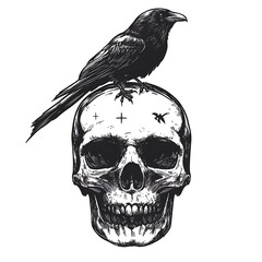 Fototapeta premium A black raven perched atop a human skull, symbolizing mortality and mystery.