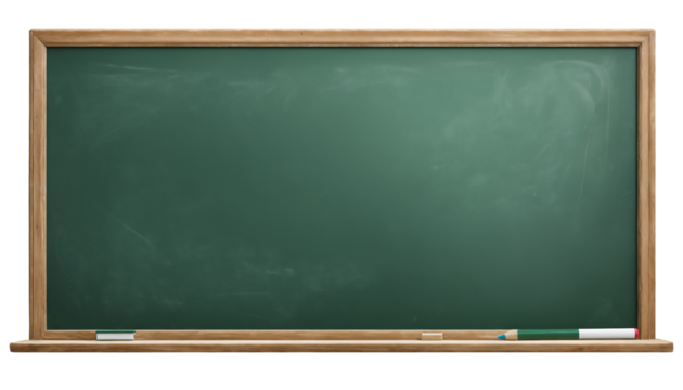 A blank horizontal green school chalkboard with no writing or markings, isolated on a white background in a PNG format for transparent use