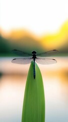 Macro shot of a dragonfly resting on a reed, with a sunlit pond in the background, Dragonfly on reed with pond background macro, Natural and peaceful