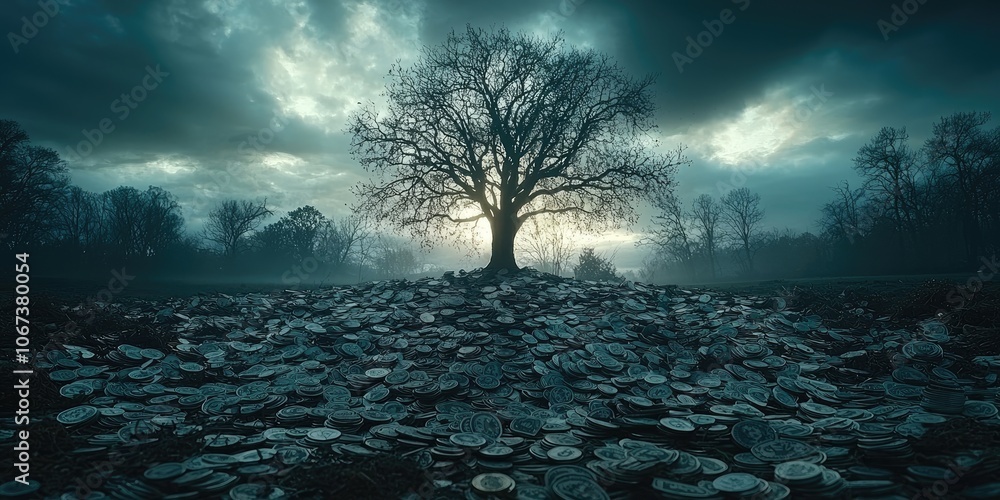 Poster a tree growing from a pile of coins and cash, with branches representing areas of wealth management 