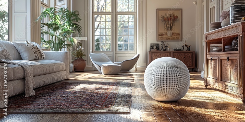 Poster a smart home equipped with speakers in every room, synced to play music from a single source, all ma