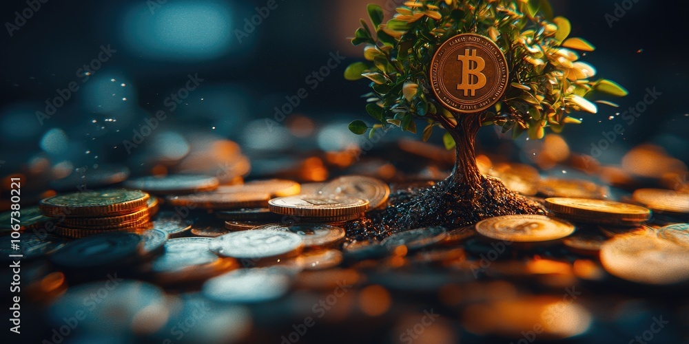 Aufkleber a tree growing from a pile of coins and cash, with branches representing areas of wealth management 