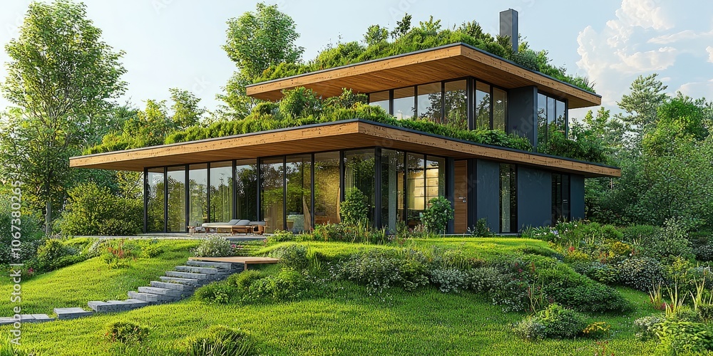 Poster A minimalist, eco-friendly residence where the temperature is automatically regulated by a smart thermostat, with energy savings displayed on a sleek digital interface.