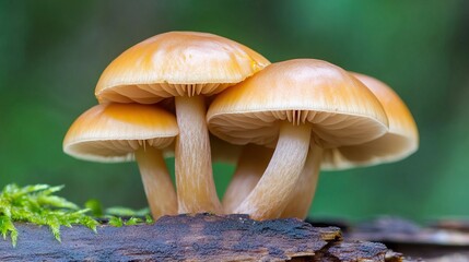 A cluster of golden mushrooms growing on a wooden log, surrounded by lush green foliage in a natural forest setting.