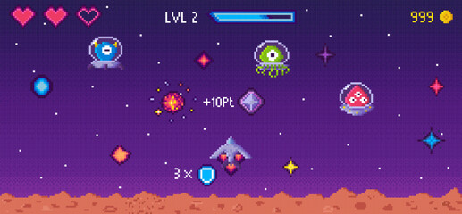 Retro style 8-bit space-themed game with a spaceship, aliens, hearts, and level indicators against a starry background. Ideal for gamers, vintage gaming, space adventures, digital art, pixel graphics