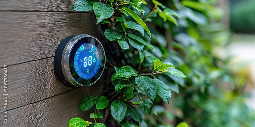 Poster A minimalist, eco-friendly residence where the temperature is automatically regulated by a smart thermostat, with energy savings displayed on a sleek digital interface.