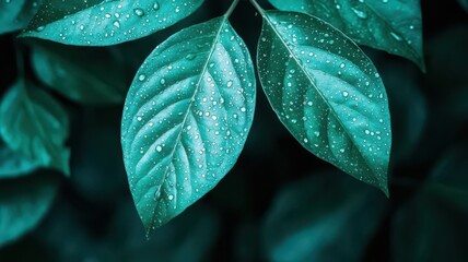 Fototapeta premium Macro shot of dew on a deep green leaf with light reflections, Dew on dark green leaf with light reflections macro, Fresh and bright
