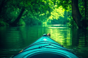 Fototapeta premium Kayaking through a serene forest river, surrounded by lush greenery