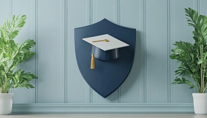 A graduation cap mounted on a blue shield against a light blue wall, flanked by green plants in white pots, creating a celebratory and stylish decor.