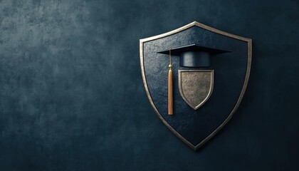A shield emblem featuring a graduation cap and pencil, symbolizing education, achievement, and academic success against a textured backdrop.