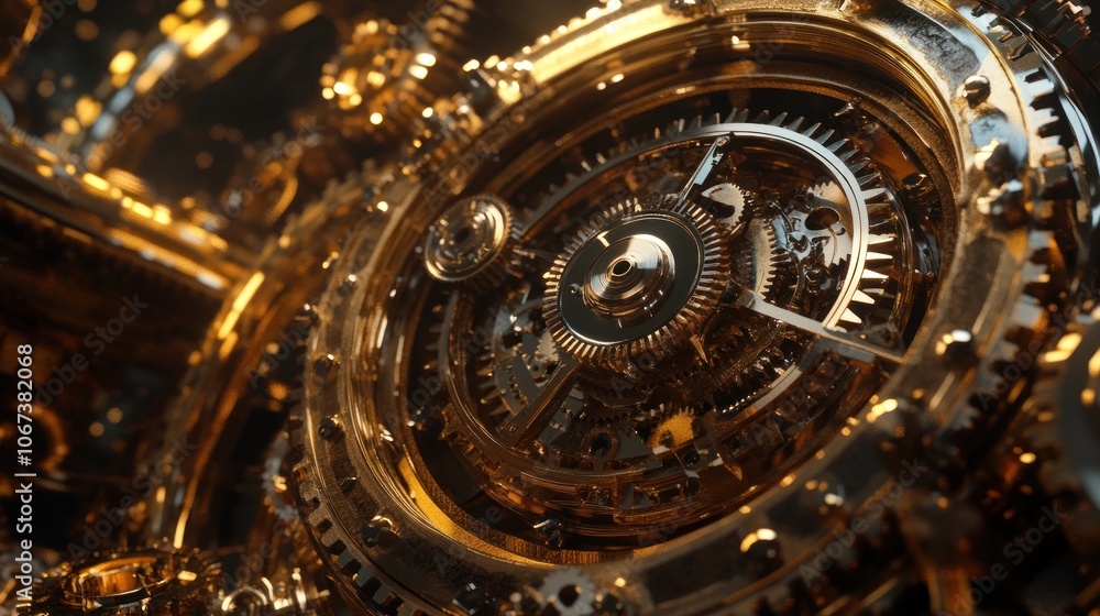 Poster a close-up of intricate golden gears and mechanisms showcasing mechanical precision.