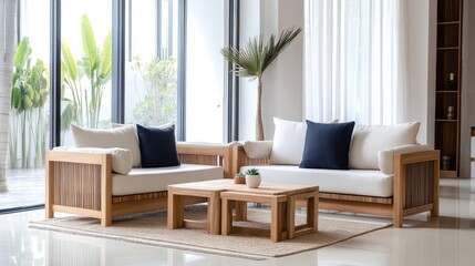 Modern Living Room with Wooden Sofa, Two Coffee Tables, and Area Rug