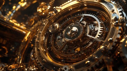 A close-up of intricate golden gears and mechanisms showcasing mechanical precision.