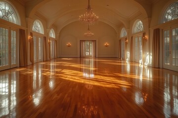 Obraz premium stunning dance studio adorned with elegant chandeliers polished wooden floors and soft lighting creating a sophisticated and inspiring atmosphere for performers and artists alike